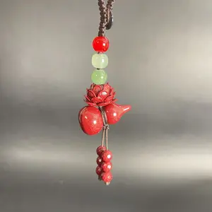 Cinnabar Car Ornament / Home Decor - Lotus, Gourd & Bead Design for Protection, Purification & Balance - Positive Energy Hanging Charm
