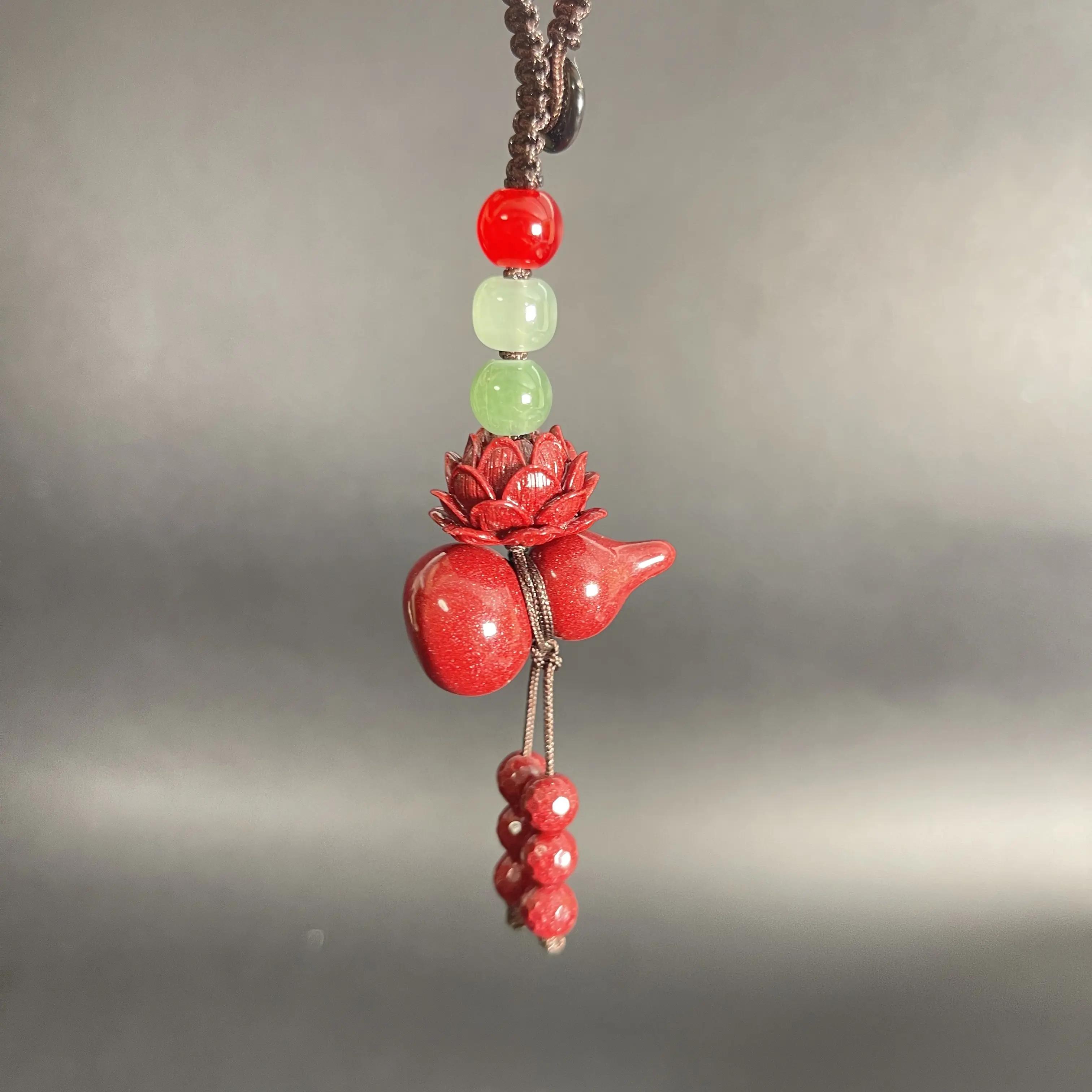 Cinnabar Car Ornament / Home Decor - Lotus, Gourd & Bead Design for Protection, Purification & Balance - Positive Energy Hanging Charm