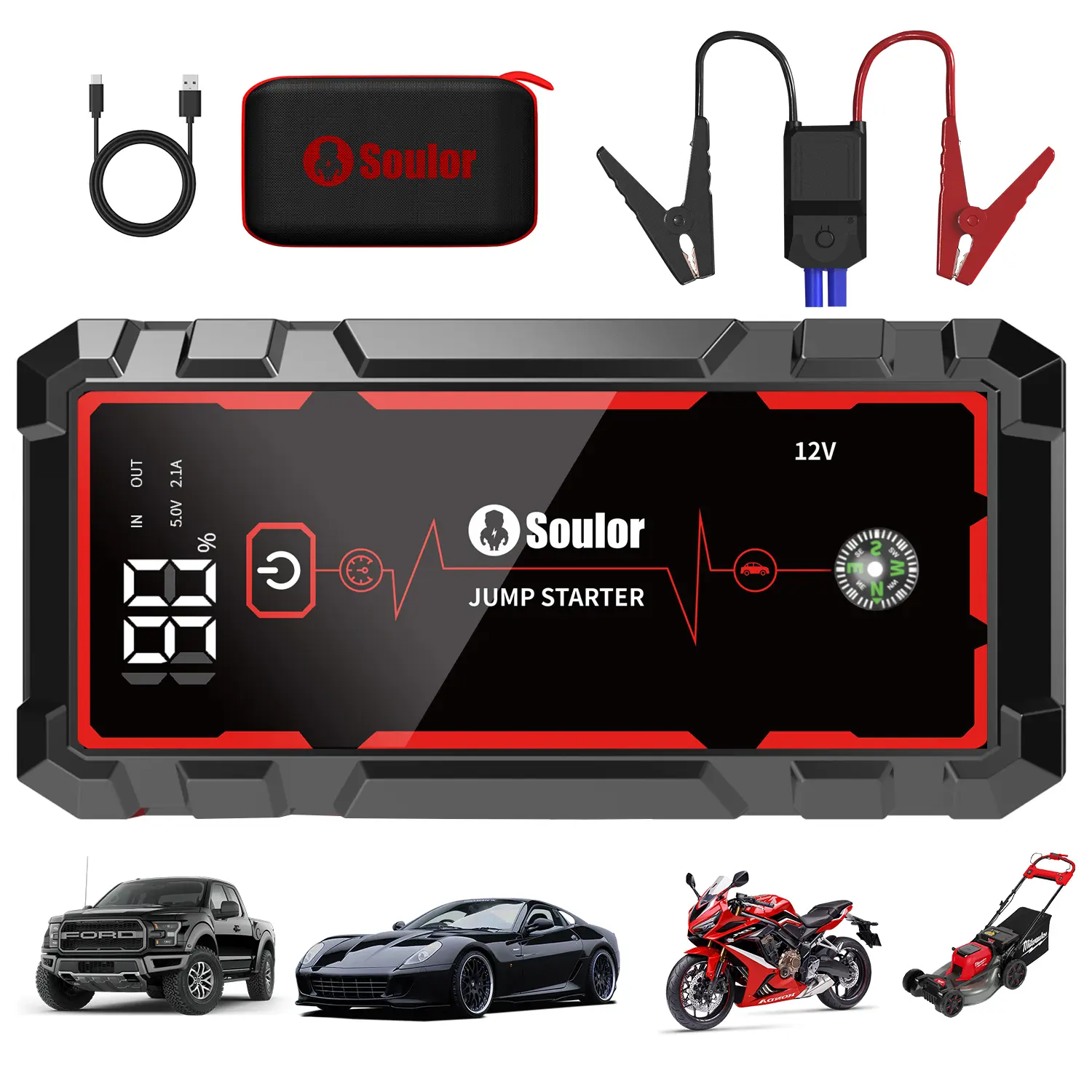Soulor 8000mAh Portable Car Jump Starter, 12V Battery Booster Pack with Smart Jumper Clamps, EVA Carrying Case, USB Power Bank for Phones & Tablets, LED Emergency Light, LCD Display, for Cars, SUVs, Trucks & Motorcycles