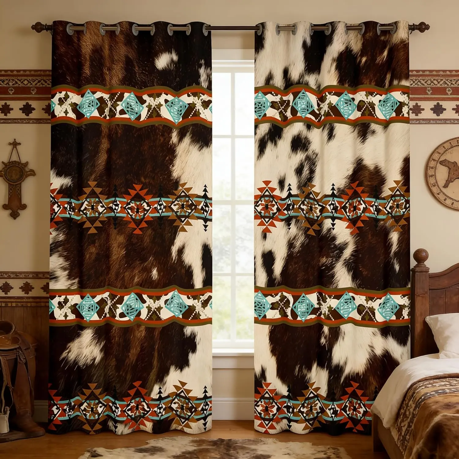 Cowhide Curtains,Western Curtains,Brown Cow Print Curtains,Exotic Aztec Window Curtains,Farm Animals Bull Cattle Hide Living Cowboys Gifts for Women, Home Decoration Curtain, Interior Decoration Accessories