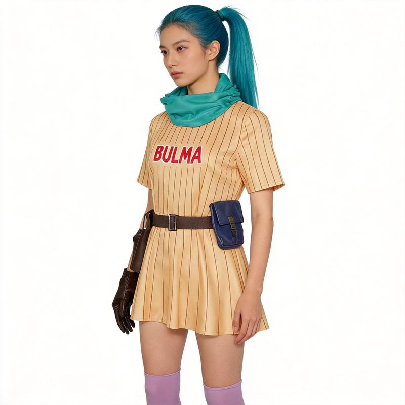 Dragon Ball Bulma Yellow Striped Cosplay Costume, Full Set Anime Girl Outfit for Stage Performance & Cosplay