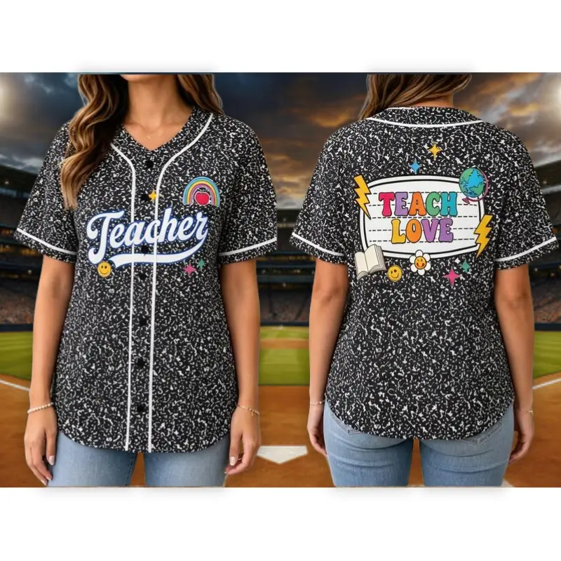 Teacher Composition Notebook Baseball Jersey, Back to School Teach Love Rainbow Shirt, Funny Speckle Button Up