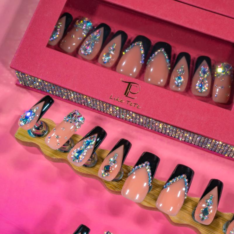 LikeTeTe  Sparkling Rhinestone salon Nails – French Tips with Chunky Crystals | Festival & Party Nail Set” Reusable Handmade Iridescent Glitter