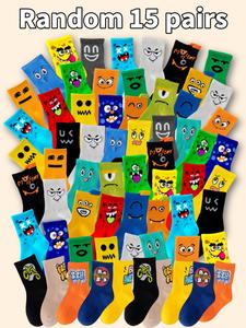 random 15 pairs boys' monster cartoon sports socks, soft comfortable all-season school socks, colorful outdoor running socks