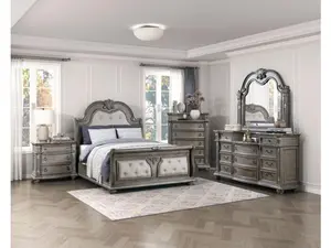 Homelegance 1583-4PC 4 pc Bennington grey finish wood tufted headboard and footboard sleigh style queen bedroom set