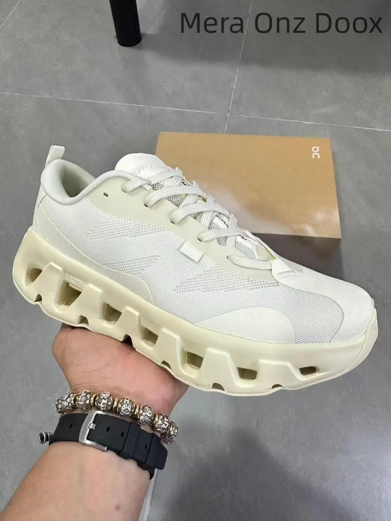 Solid Cream White Breathable Knit Mesh Running Sneakers Matching Cream Hollow Shock Absorb Chunky Platform Sole Non Slip Athletic Training Footwear