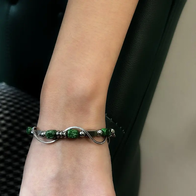 New Chinese Style Two Layer Bracelet Unisex, Luxury Green Natural Stone Stacked Wristband, Minimalist Oriental Mixed Link Jewelry, Ins Neutral Elegant Hand Accessory, Anti-Tarnish Stainless Steel Daily Layering Ornament