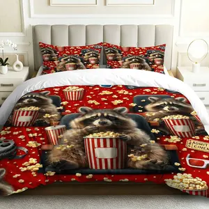 3PCS Duvet Cover Set, 1 Duvet+2 Pillowcases(Without filler), Raccoon Popcorn Movie Night Fun Cozy theme, No festival bedding set, Animal Print Comfortable Soft Decor Suitable for decoration Bedroom Living Room Guest Room Lounge.