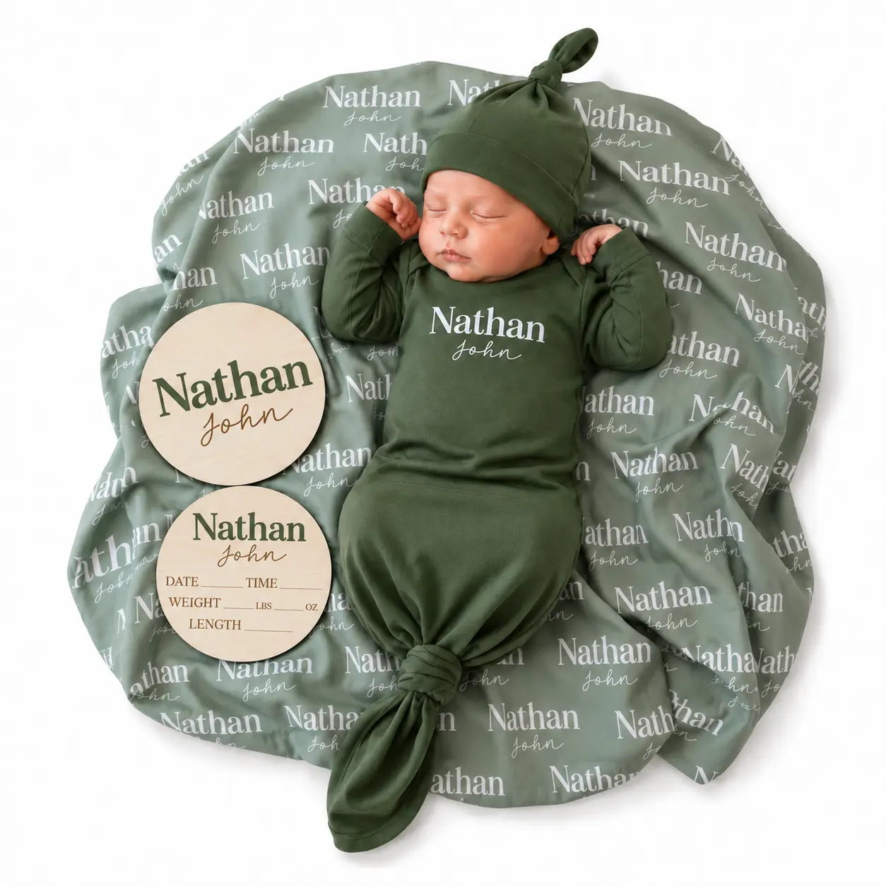 Personalized Baby Knotted Gown Bundle with Hat or Bow, Swaddle, Birth Stat & Name Announcement – Custom Newborn Coming Home Outfit