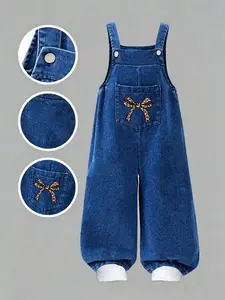 Girls' Casual Drawstring Pants, Leopard Butterfly Knot Print, Loose-Fitting Wide Leg Jeans, All-Over Print, Trendy Long Pants, Denim Bib Pants