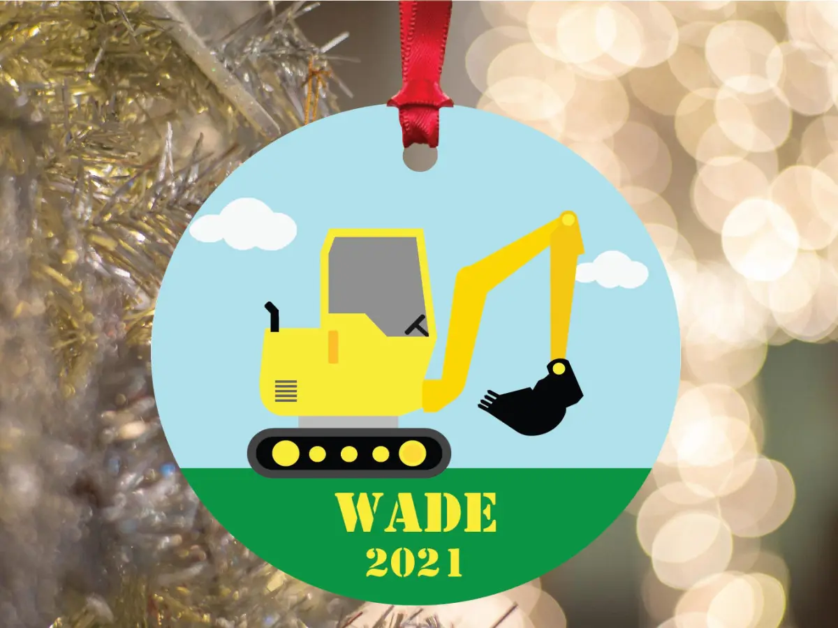 Personalized Excavator Name Year Christmas Ornament, Kids Excavator Themed Gift Ideas, Kids Personalized Gift, Construction Themed Kids Gift