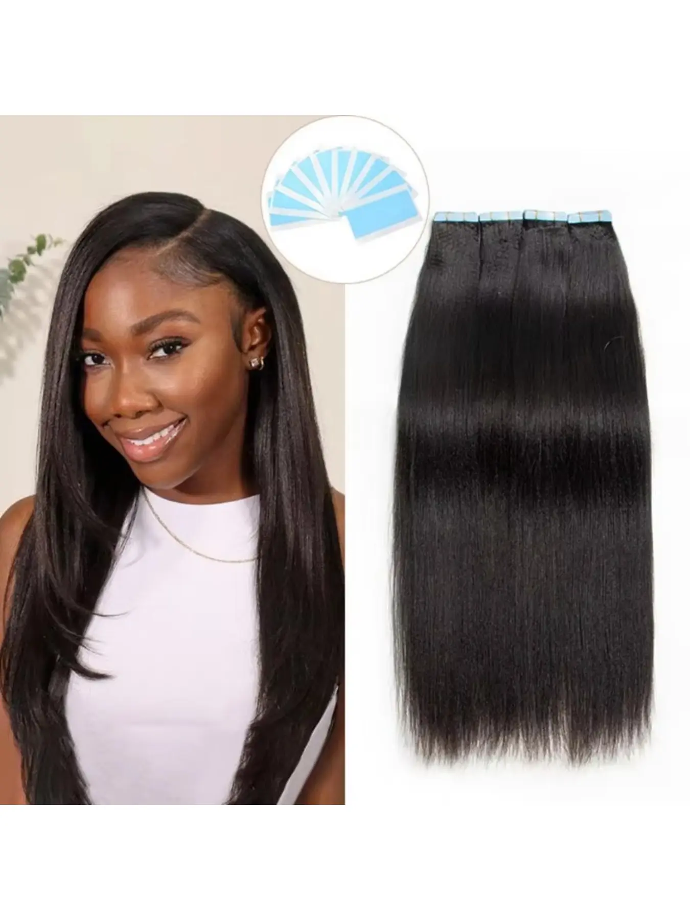 Light Yaki Tape in Hair Extensions, Pressed Yaki Straight, 20pcs Cuticle Remy Yaki Human Hairpiece, Curl & Straighten, Natural