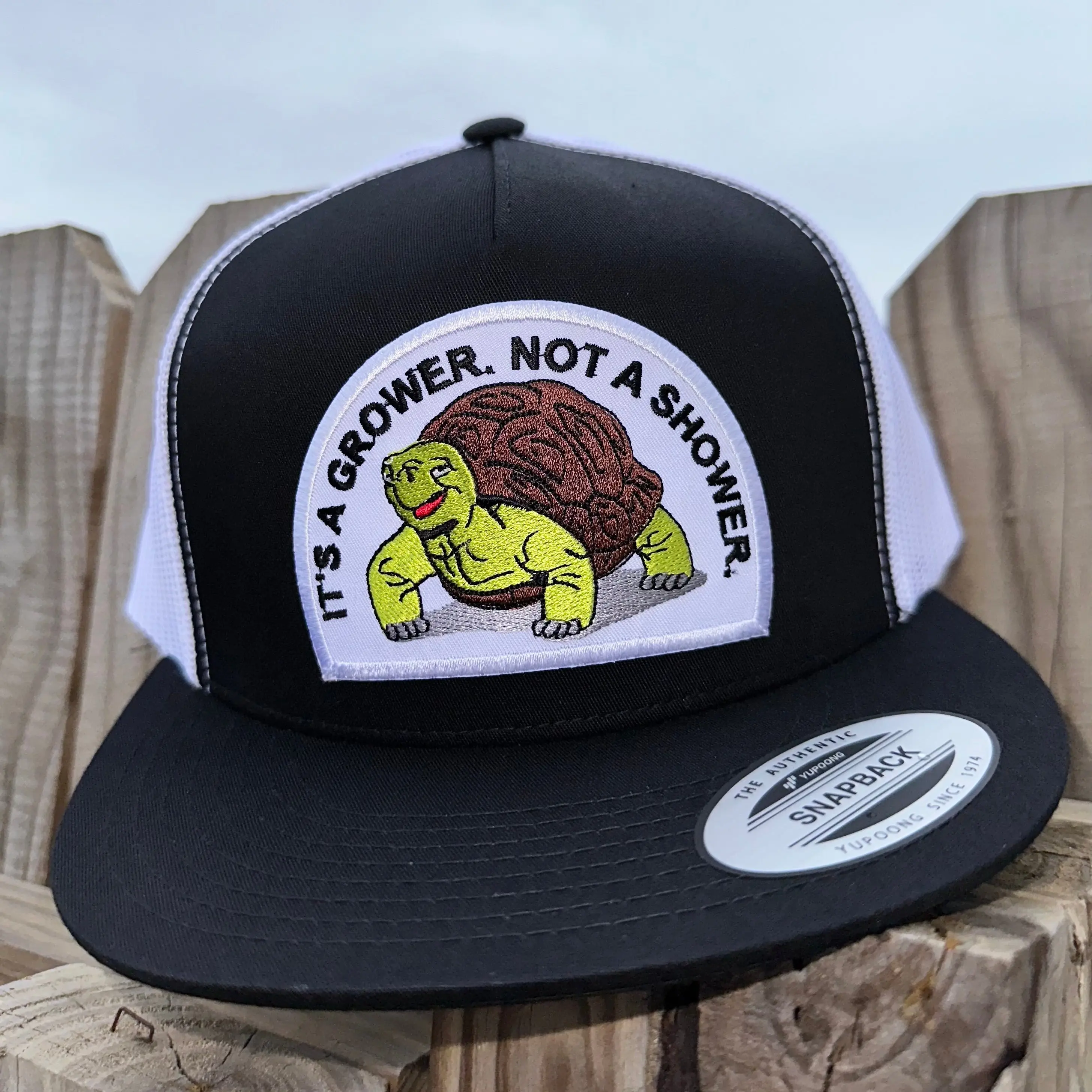 Grower Not Shower Hat Funny Muscle Turtle Trucker Snapback Cap, Humorous Adult Joke Patch Hat, Gag Gift for Husband Boyfriend Men