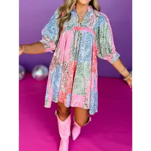 Elegant Paisley Print Half-Sleeve Dress with Ruffled Stand-Up Collar Three-Quarter Sleeve Mini Dress A Line Suitable For Any Occasion Home Or Out Machine Washable Autumn Women's Clothing Casual Polyester Fabric Comfortable Fit Bow Detail