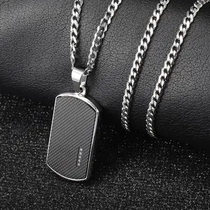 Simple Men's Stainless Steel Black Dog Tag Pendant Necklace with Bling CZ Bead Jewelry For Female Male Anniversary Christmas Gift