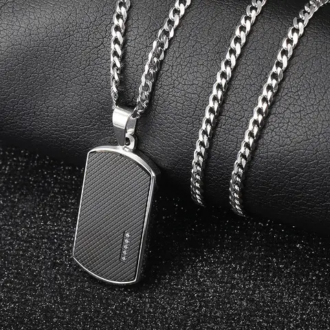 Simple Men's Stainless Steel Black Dog Tag Pendant Necklace with Bling CZ Bead Jewelry For Female Male Anniversary Christmas Gift
