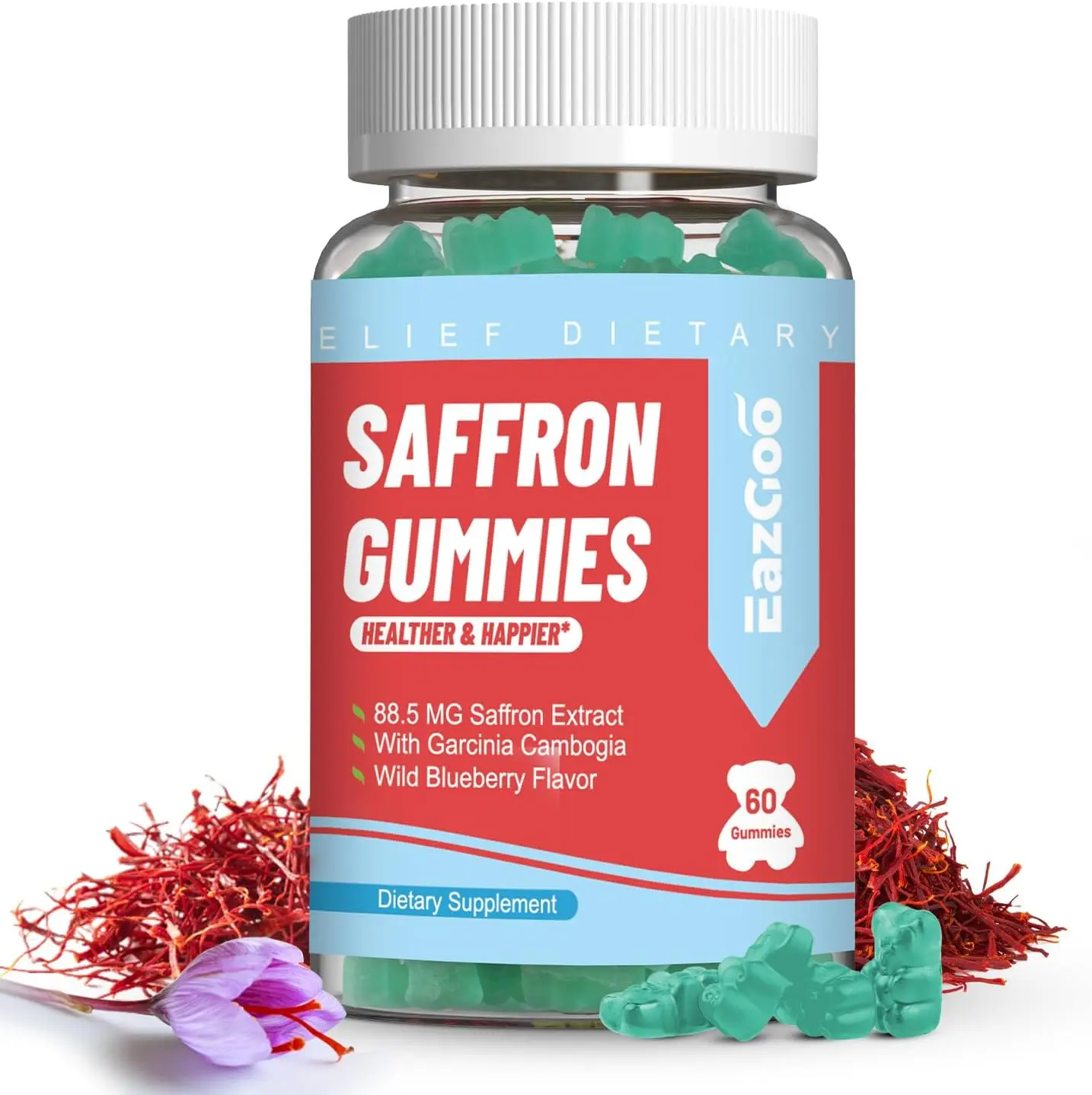 Saffron Supplements Gummies, Saffron Extract for Positive Mood & Calm Nerve, Boost Energy, with Garcinia Cambogia, Vitamin A, B12, Rhodiola Rosea - 60 Gummies
