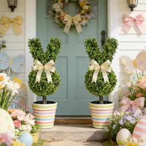 Outdoor Easter Bunny Topiary Stake - Artificial Greenery Rabbit Garden Decor with Bow, Yard/Patio Spring Easter Stake Decoration & Gift, Garden Party Bow