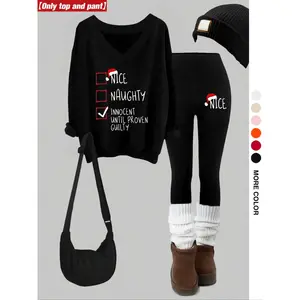 Women’s Christmas Print V-Neck Long Sleeve Hoodie Set, Fitted Skinny Pants, Casual Fall & Winter, Multiple Color Options