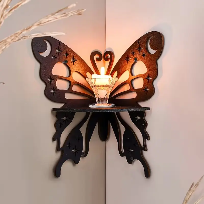Creative Lotus and Butterfly Wall Shelf, Wooden Tea Light Candle Holders Decor, Lotus and Butterfly, Holiday Wall Decoration, Home Decor, Tealight Candle Holder