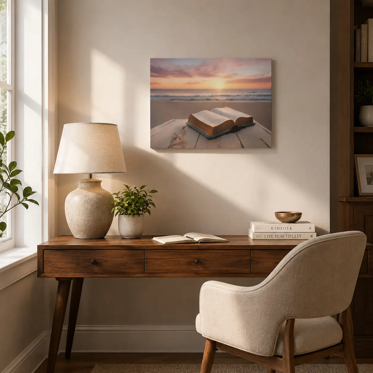 Decorative Canvas 3:4--beach sunset open bible wall print(Customizable design available)