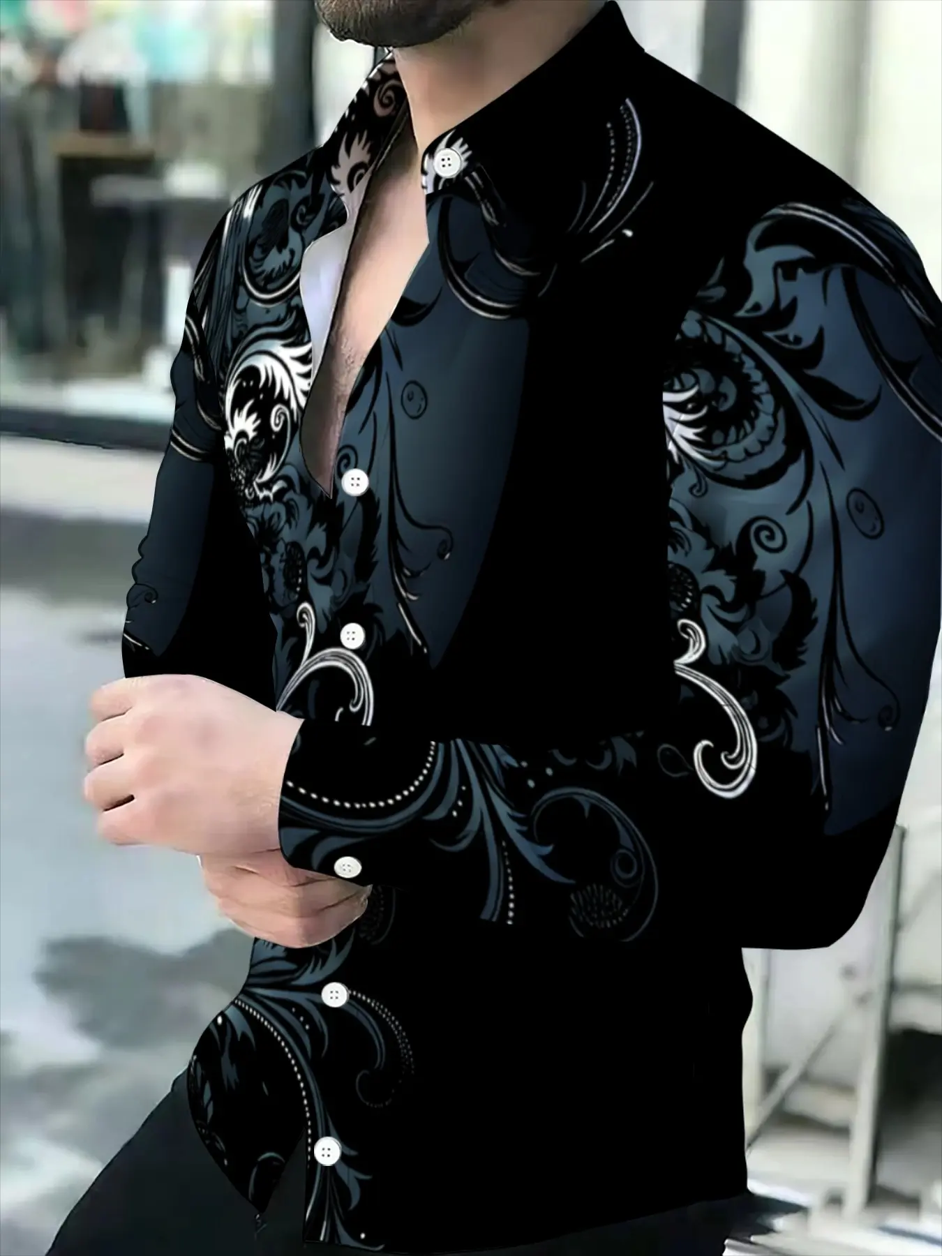 Black Pattern Print Long Sleeve Men's Slim Blazer Jacket, Fashion Business Casual Top, Exquisite Embroidery Design, New Luxury Style Men's Wear, European American Style