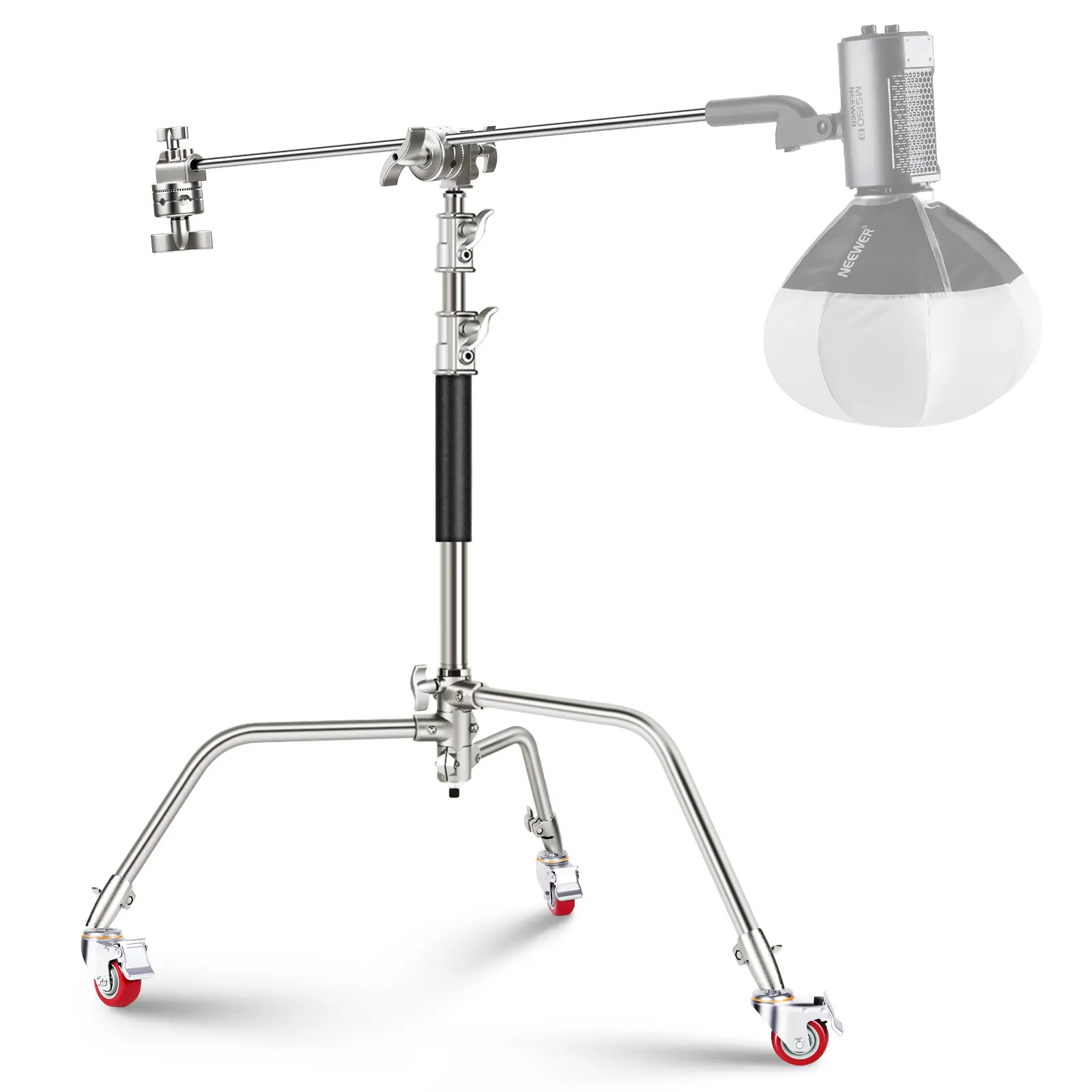 NEEWER SC186W Durable Stainless Steel Heavy Duty C Stand with Retractable Swivel Casters (43"-73"/110-186cm), Portable Photography Light Stand with 33"/83cm Boom Arm, 2 Grip Heads for Studio Monolight, Softbox, Reflector, Umbrella, Device