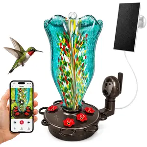 LUJII Solar Bloom Hummingbird Feeder with Camera, Hand Blown Glass Bird Feeder with AI Bird Identification, Motion Alerts, Auto Recording, Leak Proof, Fade Resistant & Rustproof Outdoor Feeder