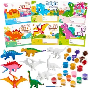 24 Pcs Valentines Day Dinosaur Painting Set with Cards, PVC Dinosaur Figure with Multi-Color Acrylic Paints & Brushes, Valentine's Day Kids Gift Classroom Craft Prize Goodie Bag Stuffers