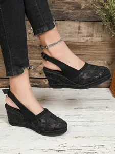 Lace Root Flower Elegant Classy Fashion Lightweight Trendy Breathable Hemp Rope High Heel Wedge Sandals for Women, Casual Spring & Fall Footwear