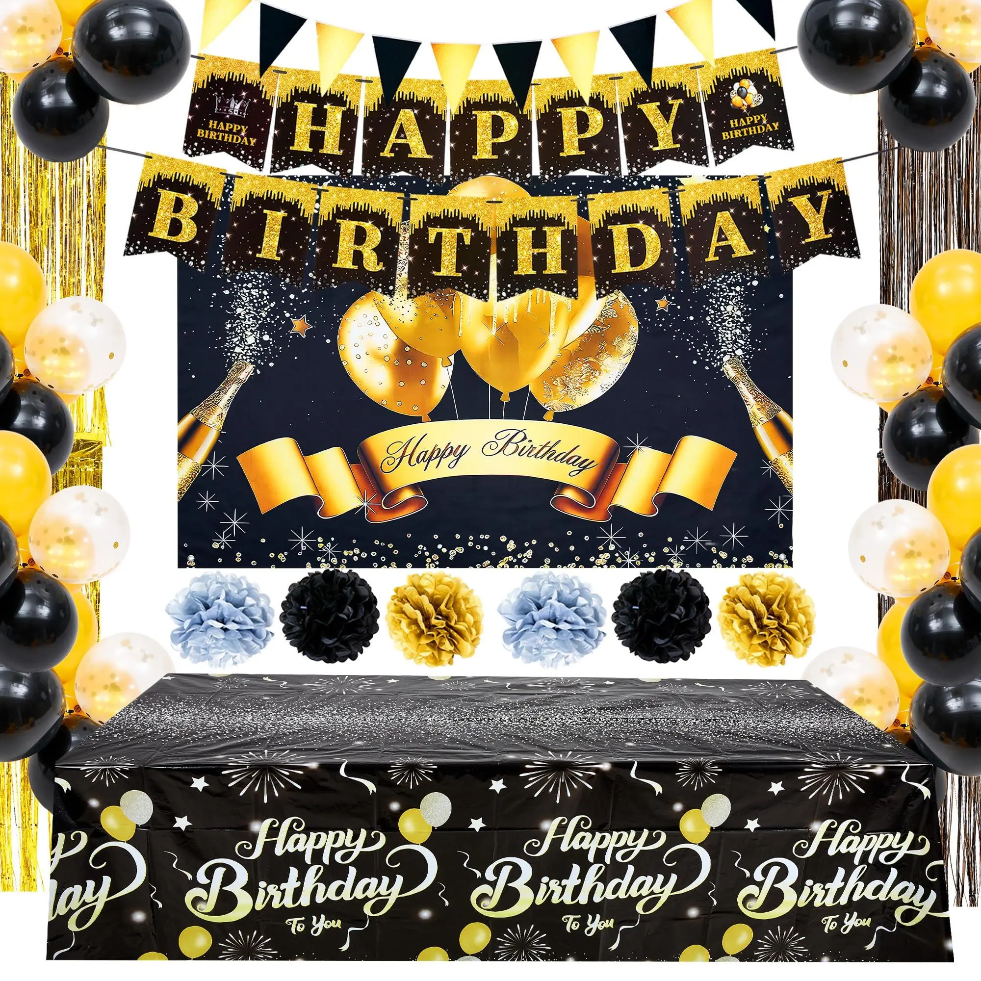 Birthday Decorations 120 Pack, Birthday Party Supplies | with Banner Backdrop Tablecloth Fringe Curtains Balloons Arch