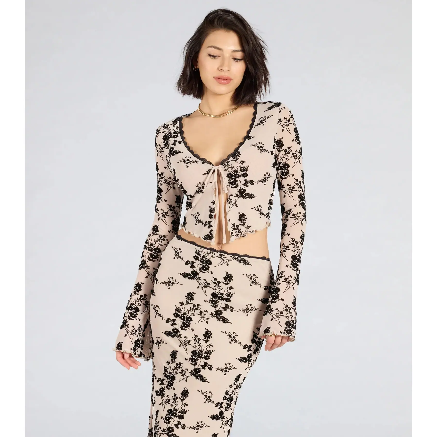 Flirt Alert Flocked Floral Mesh Tie-Front Top