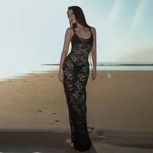 Ladies' Escape Suspender Long Dress, Sexy Lace Hollow Design, Evening Beach Vacation Pullover Dress，Transparent long dress