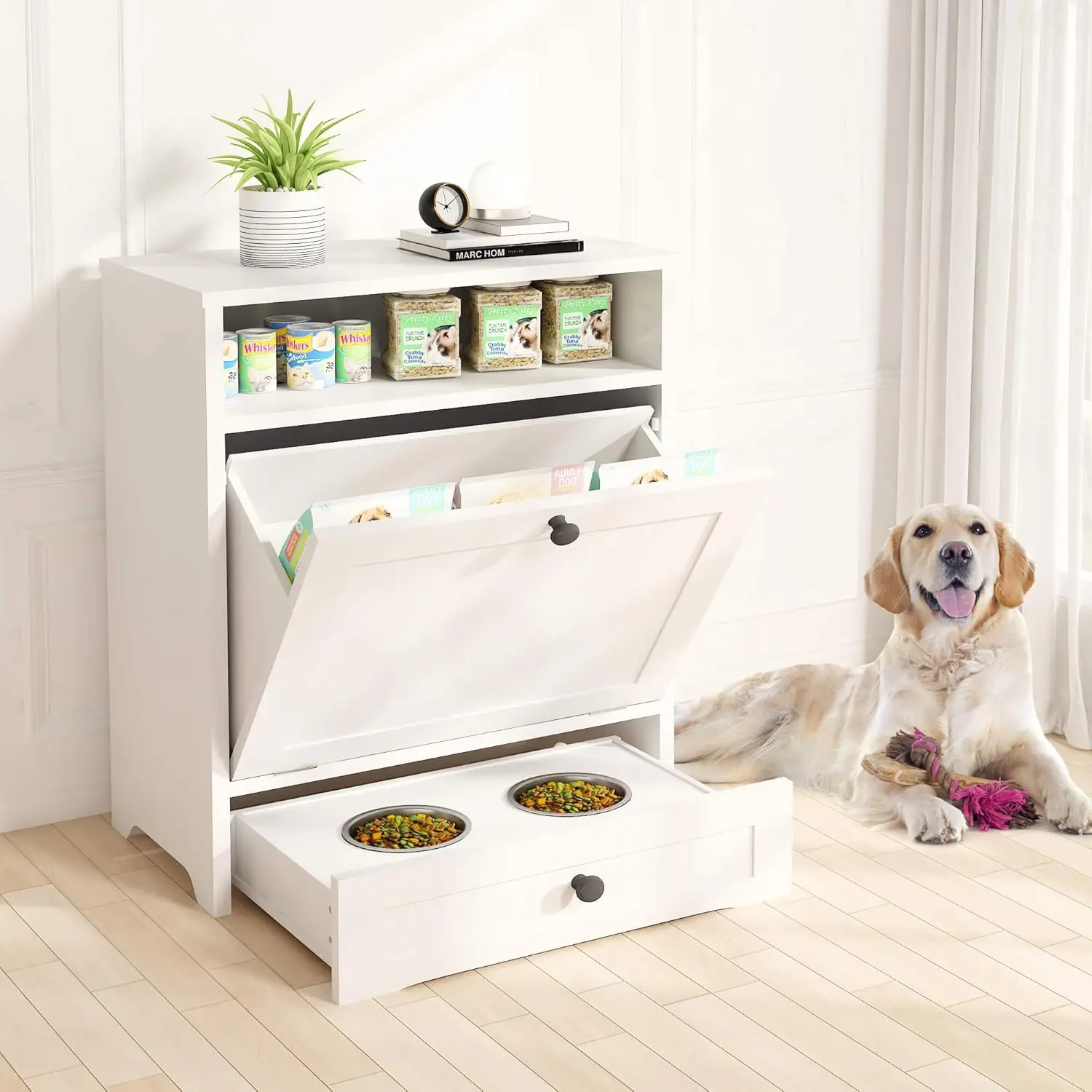 Hooseng Dog Feeding Station | Large Pet Food Storage Cabinet with Elevated 2-Slot Dog Bowls | Easy Assembly & All Tools Included | Organized Feeding & Watering Station for Dogs