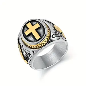 Men's Golden-Plated Medieval Knights Templar Ring Heavy Duty Praying Hands Ornate Wide Face Vintage Christian Faith Symbol Durable for Formal Casual Business Banquets Father's Day Birthday Thanksgiving Special Occasions