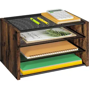 3-Tier Paper Letter Tray, Wooden Desk File Organizer, Stackable Metal Mesh Desk Organizer for Office Supplies, Small Paper Trays for Home, Office & School, Rustic Brown
