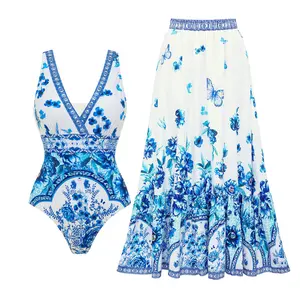 FLAXMAKER Women's V Neck Peony Print One Piece Swimsuit and Matching Cover Skirt Set Swimdress Stylish Beachwear Bathing Suit