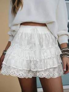 Pure Color Lace Ruffle Layered Drawstring Elastic Adjustable Waist Loose Sweet Shorts, Stylish Women's Summer Wear, Comfortable and Fashionable