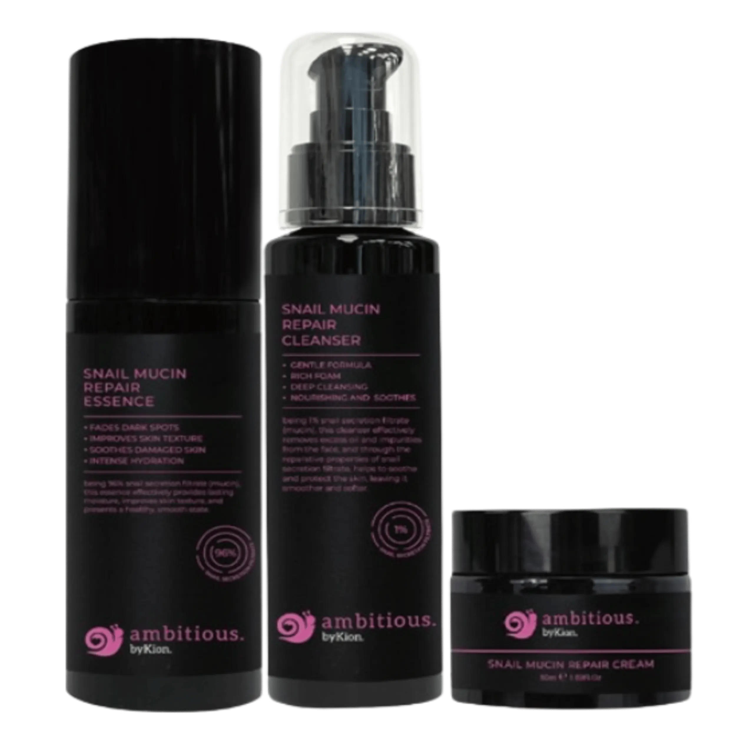 ambitious. byKion. Snail Mucin 96% Repair Essence, 92% Moisturizer Cream 1.69 fl oz/ 50ml,  Snail Mucin Cleanser 3.38 fl.oz 100ml Skincare Skin Repair korean skin advanced snail facial essence