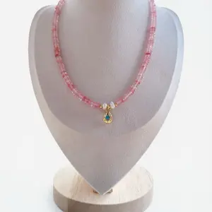 Watermelon Glow Charm Necklace with Pink Beads and Gold Tone Charm for Women