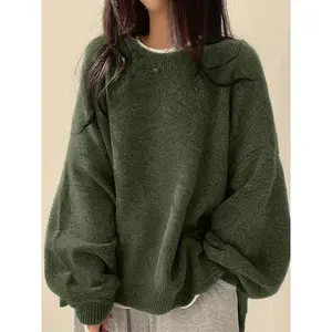 Cozy Crew Neck Pullover Sweater - Soft Micro Elasticity Polyester Fabric, Casual Long Sleeve Drop Shoulder Split Design, Hand Washable, Solid Color, Fall/Winter Wear, Womens Casual Clothing