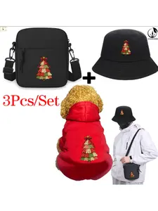Vintage Retro Patchwork Christmas Tree Print, Pet Hoodie and Fisherman Hat and Crossbody Bag Three-in-one Combination, Universal for Men and Women, New Style of Pet Hoodie, 3Pcs Suit Stylish Hat Crossbody Bag Pet Hoodie Suit
