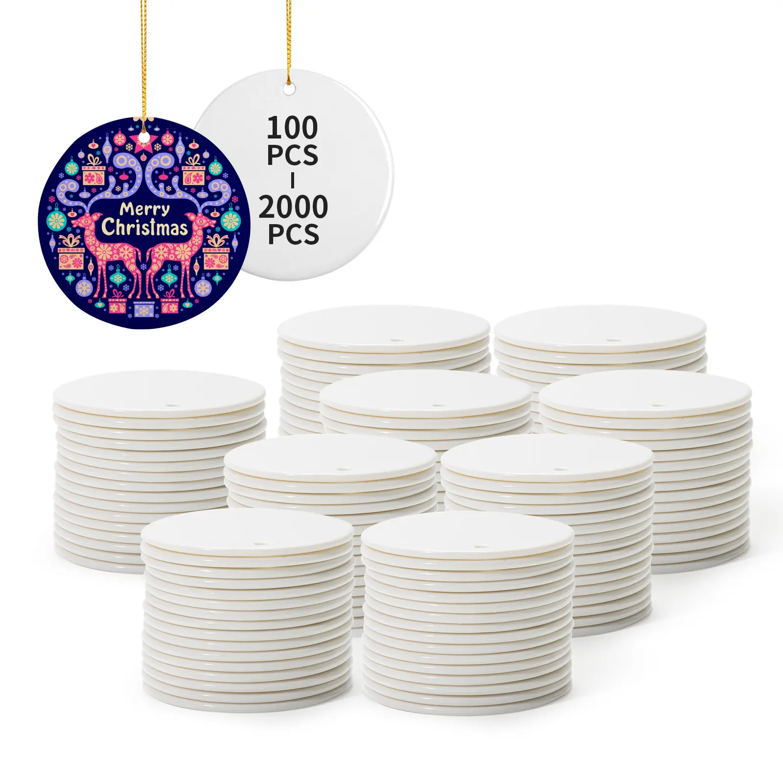 Wholesale Sublimation Porcelain Ornaments, 2.75-Inch Round Blank White Ornaments with Gold String for DIY Crafting, Christmas Home Decoration & Gift, Bulk Pack (100-2000 PCS, Print-Compatible), Ceramic