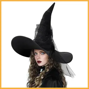 Halloween Black Pleated Mesh Witch Hat COS Magician Witch Wizard Hat Costume
