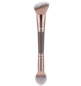 Double-Ended Angled/Round Top Contour Brush for Liquid Powder, Concealer Cream and Blush Makeup Brush - Brown