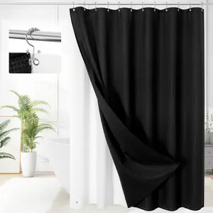 3 in 1 Shower Curtain Set Black Waffle Design PEVA Liner With 12 Stainless Steel Hooks Waterproof Gingham Style Bathroom Decor