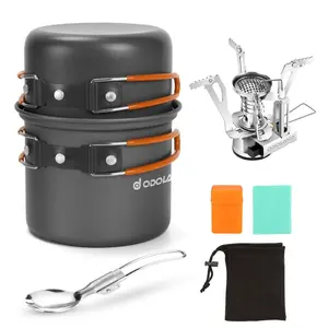 6pcs Camping Cookware Mess Kit with Lightweight Pot, Stove, Spork and Carry Mesh Bag, Great for Backpacking Outdoor Camping Hiking and Picnic