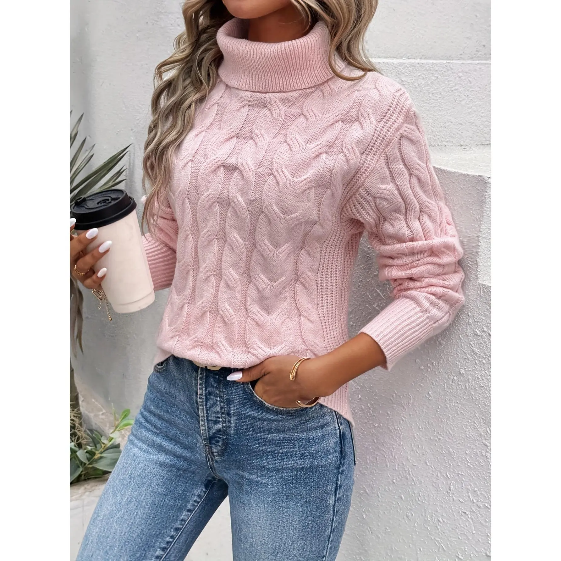 Cable Knitted Turtle Neck Knitted Sweater - Elegant Long Sleeve Pullover Sweater For Fall & Winter - Women's Clothing - Soft & Cozy - Perfect Gift for Women
