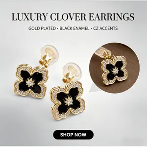 Luxury Black Four Leaf Clover Ear Clips For Non-Pierced Ears| 14K Gold Plated Inlaid Zircon Clip On Earrings, Minimalist Elegant No Piercing Ear Jewelry For Women Daily Wear & Party Gift
