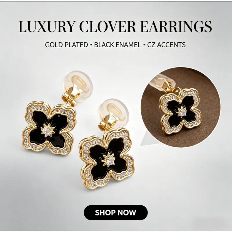 Women's 14K Gold Plated Black Enamel 4-Leaf Clover Clip Earrings - Non-Pierced, Zircon-Inlaid, Minimalist Elegant Costume Jewelry for Daily Wear, Cocktail Party, Dinner Gifts, Clover Motif, Four-Leaf